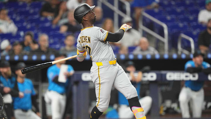 Mar 30, 2025; Miami, Florida, USA;  Pittsburgh Pirates designated hitter Andrew McCutchen (22) hits a home run in the second inning against the Miami Marlins
at loanDepot Park. Mandatory Credit: Jim Rassol-Imagn Images