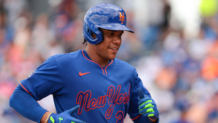 Juan Soto (22) returns to the dugout after his at bat against the Miami Marlins during the fourth inning at Clover Park.
