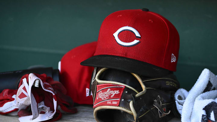Jul 22, 2025; Washington, District of Columbia, USA; General view of Cincinnati Reds hat during the game against the Washington Nationals at Nationals Park. Mandatory Credit: Brad Mills-Imagn Images Jul 22, 2025; Washington, District of Columbia, USA; General view of Cincinnati Reds hat during the game against the Washington Nationals at Nationals Park. Mandatory Credit: Brad Mills-Imagn Images