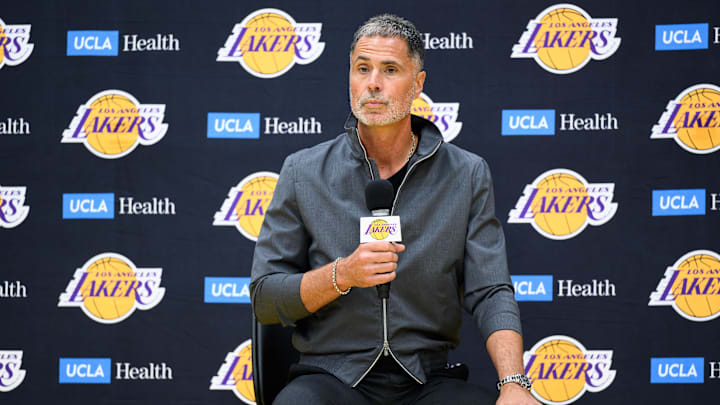 Sep 25, 2025; El Segundo, CA, USA; Los Angeles Lakers general manager Rob Pelinka, left, speaks during a press conference to preview the 2025-26 season at UCLA Health Training Center. Mandatory Credit: William Liang-Imagn Images Sep 25, 2025; El Segundo, CA, USA; Los Angeles Lakers general manager Rob Pelinka, left, speaks during a press conference to preview the 2025-26 season at UCLA Health Training Center. Mandatory Credit: William Liang-Imagn Images
