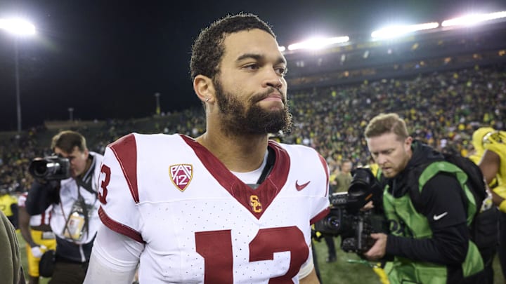 Nov 11, 2023; Eugene, Oregon, USA; USC Trojans quarterback Caleb Williams (13) walks off the field