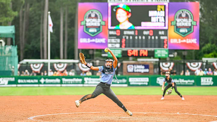 Makayla Montgomery (15) delivers a pitch for Team North Carolina against the Asia-Pacific Region on Thursday, August 7.