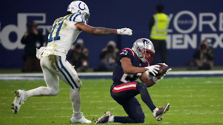 Nov 12, 2023; Frankfurt, Germany; New England Patriots cornerback Myles Bryant (27) intercepts a