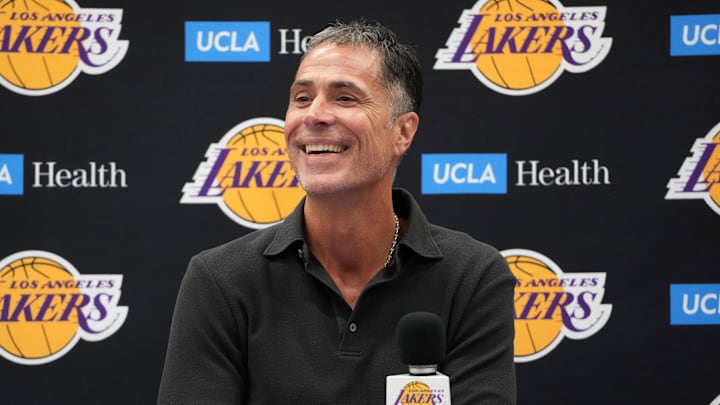 Sep 25, 2024; El Segundo, CA, USA; Los Angeles Lakers general manager Rob Pelinka at press conference at UCLA Health Training Center. Mandatory Credit: Kirby Lee-Imagn Images Sep 25, 2024; El Segundo, CA, USA; Los Angeles Lakers general manager Rob Pelinka at press conference at UCLA Health Training Center. Mandatory Credit: Kirby Lee-Imagn Images
