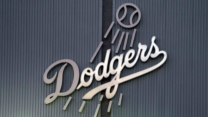 Jul 15, 2020; Los Angeles, California, United States; A general overall view of the Los Angeles Dodgers logo at Dodger Stadium. Mandatory Credit: Kirby Lee-Imagn Images