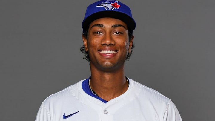  Blue Jays shortstop Arjun Nimmala (18) poses for a photo during media day at the Player Development Complex. 