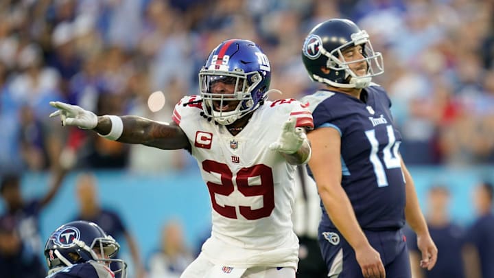 Tennessee Titans place kicker Randy Bullock (14) and New York Giants safety Xavier McKinney (29) react after Bullock missed a field goal in the fourth quarter of the season opener at Nissan Stadium Sunday, Sept. 11, 2022, in Nashville, Tenn. New York beat Tennessee 21-20.
Nfl New York Giants At Tennessee Titans Tennessee Titans place kicker Randy Bullock (14) and New York Giants safety Xavier McKinney (29) react after Bullock missed a field goal in the fourth quarter of the season opener at Nissan Stadium Sunday, Sept. 11, 2022, in Nashville, Tenn. New York beat Tennessee 21-20.
Nfl New York Giants At Tennessee Titans
