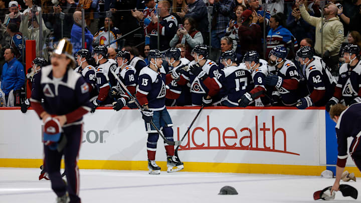 Dec 31, 2025; Denver, Colorado, USA; Colorado Avalanche right wing Valeri Nichushkin (13) celebrates with the bench after his hat trick goal in the third period against the St. Louis Blues at Ball Arena. Mandatory Credit: Isaiah J. Downing-Imagn Images