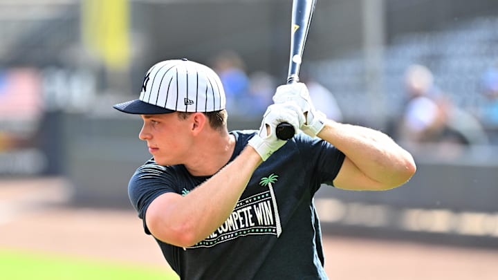 Feb 16, 2025; Tampa, FL, USA; New York Yankees infielder Ben Rice (93) prepares to take batting practice during spring training at George M. Steinbrenner Field. 