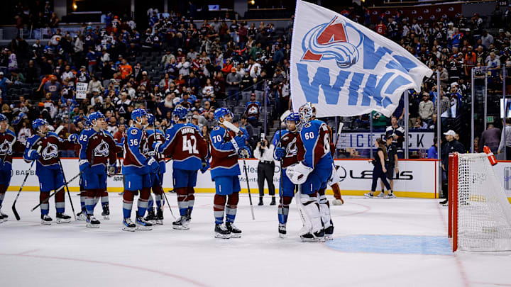 Oct 27, 2024; Denver, Colorado, USA; Colorado Avalanche goaltender Justus Annunen (60) celebrates with teammates after the game against the Ottawa Senators at Ball Arena. Mandatory Credit: Isaiah J. Downing-Imagn Images