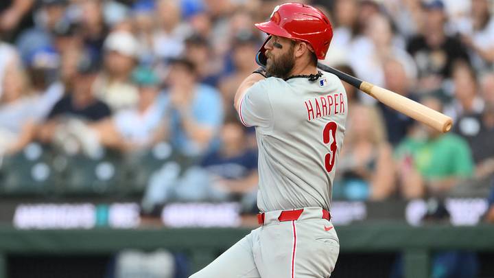 Aug 25, 2026; Seattle, Washington, USA; Philadelphia Phillies right fielder Bryce Harper (3) hits a single against the Seattle Mariners during the first inning at T-Mobile Park. Mandatory Credit: Steven Bisig-Imagn Images Aug 25, 2026; Seattle, Washington, USA; Philadelphia Phillies right fielder Bryce Harper (3) hits a single against the Seattle Mariners during the first inning at T-Mobile Park. Mandatory Credit: Steven Bisig-Imagn Images