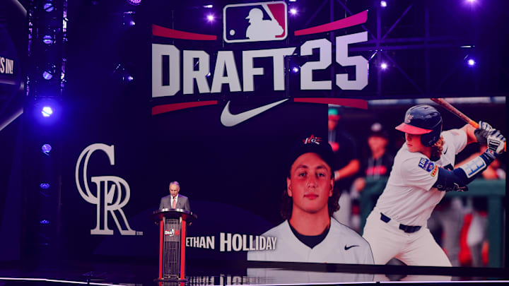 Jul 13, 2025; Atlanta, GA, USA; Ethan Holliday is drafted by the Colorado Rockies with the fourth pick during the first round of the MLB Draft at The Coca-Cola Roxy. 