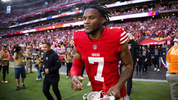 Dec 17, 2023; Glendale, Arizona, USA; San Francisco 49ers cornerback Charvarius Ward (7) against the Arizona Cardinals at State Farm Stadium. Mandatory Credit: Mark J. Rebilas-USA TODAY Sports