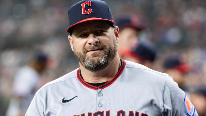 Aug 19, 2025; Phoenix, Arizona, USA; Cleveland Guardians manager Stephen Vogt in the first inning against the Arizona Diamondbacks at Chase Field. Mandatory Credit: Mark J. Rebilas-Imagn Images