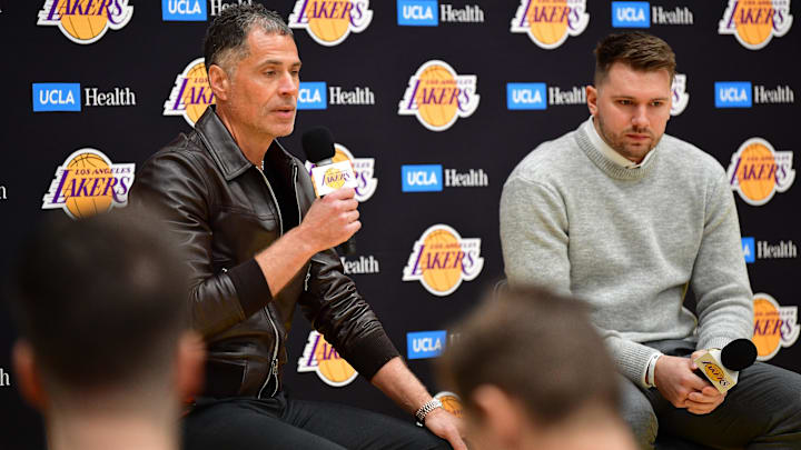  Los Angeles Lakers vice president of basketball operations and general manager Rob Pelinka speaks before introducing Luka Doncic at UCLA Health Training Center.