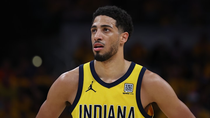 May 27, 2025; Indianapolis, Indiana, USA; Indiana Pacers guard Tyrese Haliburton (0) stands on court during the second quarter against the New York Knicks of game four of the eastern conference finals for the 2025 NBA Playoffs at Gainbridge Fieldhouse. May 27, 2025; Indianapolis, Indiana, USA; Indiana Pacers guard Tyrese Haliburton (0) stands on court during the second quarter against the New York Knicks of game four of the eastern conference finals for the 2025 NBA Playoffs at Gainbridge Fieldhouse.