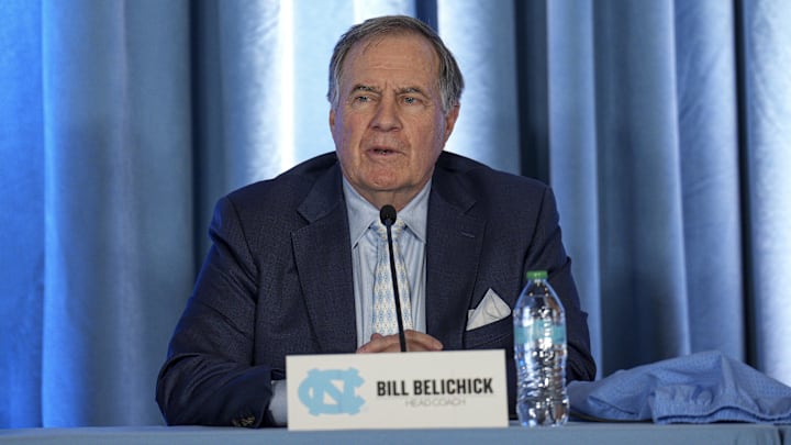 Dec 12, 2024; Chapel Hill, NC, USA; North Carolina Tar Heels new head coach Bill Belichick speaks to those attending at Loudermilk Center for Excellence. Mandatory Credit: Jim Dedmon-Imagn Images Dec 12, 2024; Chapel Hill, NC, USA; North Carolina Tar Heels new head coach Bill Belichick speaks to those attending at Loudermilk Center for Excellence. Mandatory Credit: Jim Dedmon-Imagn Images