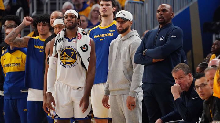 May 10, 2025; San Francisco, California, USA; Golden State Warriors guard Stephen Curry (30) watches from the bench during game three against the Minnesota Timberwolves in the second round of the 2025 NBA Playoffs at Chase Center. Mandatory Credit: David Gonzales-Imagn Images