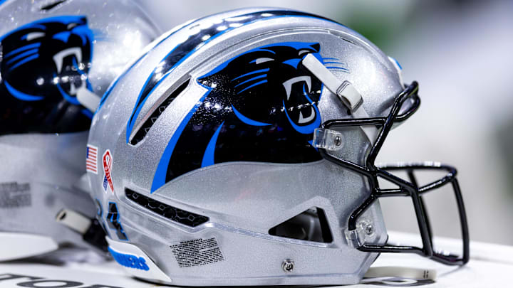 Sep 8, 2024; New Orleans, Louisiana, USA;  Detailed view of the Carolina Panthers helmet against the New Orleans Saints during the pregame at Caesars Superdome. Mandatory Credit: Stephen Lew-Imagn Images