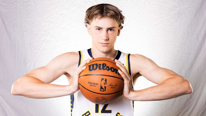 Sep 30, 2024; Indianapolis, IN, USA;  Indiana Pacers forward Johnny Furphy (12) poses for a photo during 2024 Media day.  Mandatory Credit: Trevor Ruszkowski-Imagn Images