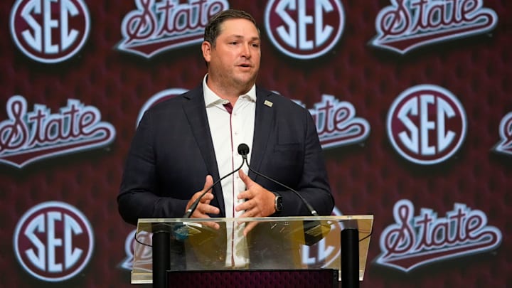 Mississippi State head coach Jeff Lebby speaks in the Main Media Room during SEC Media Days at the College Football Hall of Fame in Atlanta.