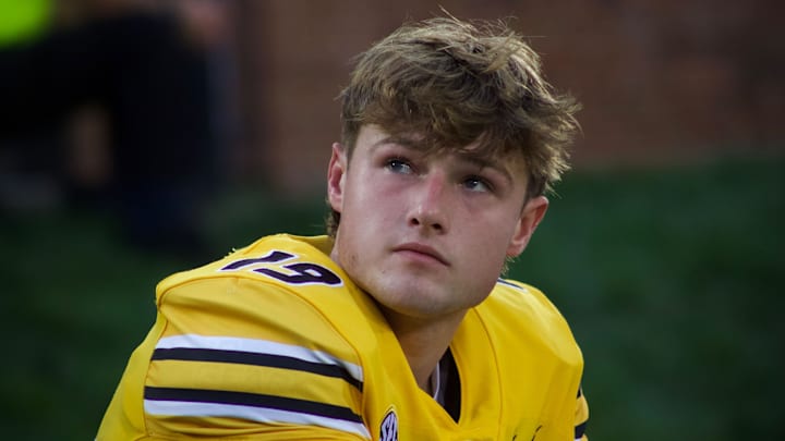 Sep 21, 2024; Columbia, Missouri, USA; Missouri Tigers kicker Blake Craig (19) looks at the scoreboard following a missed field goal against the Vanderbilt Commodores at Faurot Field at Memorial Stadium.
