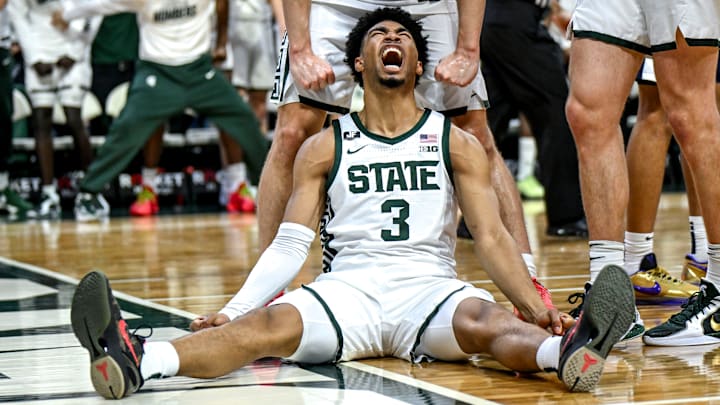 Michigan State's Jaden Akins celebrates after a score and drawing a Penn State foul late during the second half on Wednesday, Jan. 15, 2025, at the Breslin Center in East Lansing.