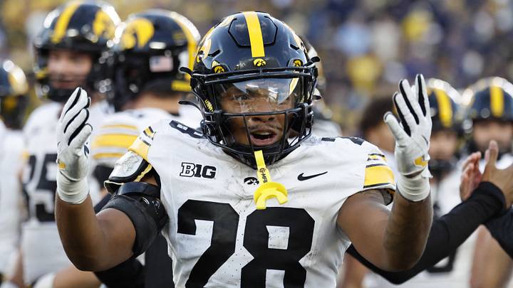 Sep 26, 2026; Ann Arbor, Michigan, USA;  Iowa Hawkeyes running back Kamari Moulton (28) reacts after the game against the Michigan Wolverines at Michigan Stadium.  Mandatory Credit: Rick Osentoski-Imagn Images