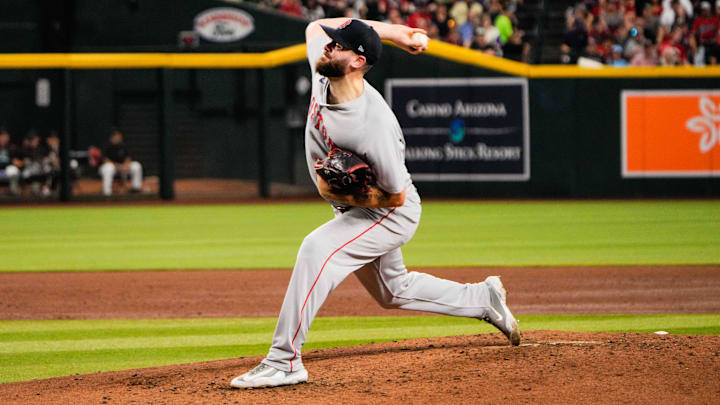 Sep 6, 2025; Phoenix, Arizona, USA; Boston Red Sox pitcher Lucas Giolito (54) pitches during the third inning between the Arizona Diamondbacks and the Boston Red Sox at Chase Field. Mandatory Credit: Arianna Grainey-Imagn Images