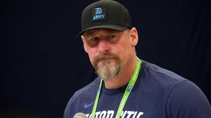 Detroit Lions coach Dan Campbell speaks during the NFL Scouting Combine at the Indiana Convention Center.