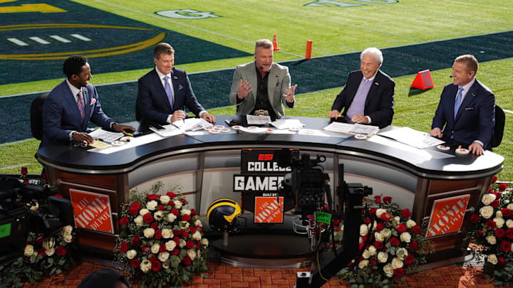 Jan 1, 2024; Pasadena, CA, USA; From left: Desmond Howard, Rece Davis, Pat McAfee, Lee Corso and Kirk Herbstreit on the ESPN College Gameday set at the 2024 Rose Bowl college football playoff semifinal game at Rose Bowl.