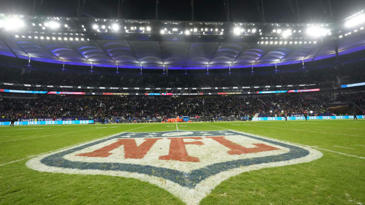 Nov 12, 2023; Frankfurt, Germany; The NFL shield logo at midfield during an NFL International Series Nov 12, 2023; Frankfurt, Germany; The NFL shield logo at midfield during an NFL International Series