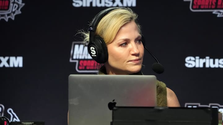 Michelle Beadle on the Sirius XM Mad Dog Sports radio set at the Super Bowl 58 media center.