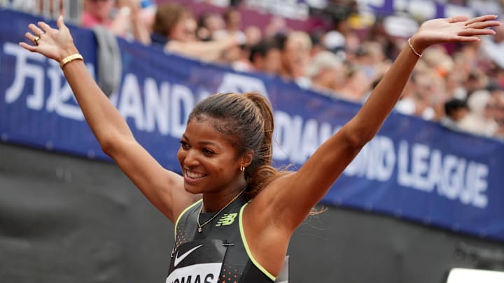 Gabby Thomas (USA) celebrates after winning the women's 200m in a meet record 21.82 during the London Athletics Meet at London Stadium. Gabby Thomas (USA) celebrates after winning the women's 200m in a meet record 21.82 during the London Athletics Meet at London Stadium.