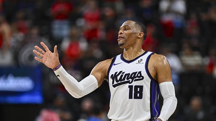 Mar 14, 2026; Inglewood, California, USA; Sacramento Kings guard Russell Westbrook (18) gestures against the LA Clippers during the second half at Intuit Dome. Mandatory Credit: Jonathan Hui-Imagn Images