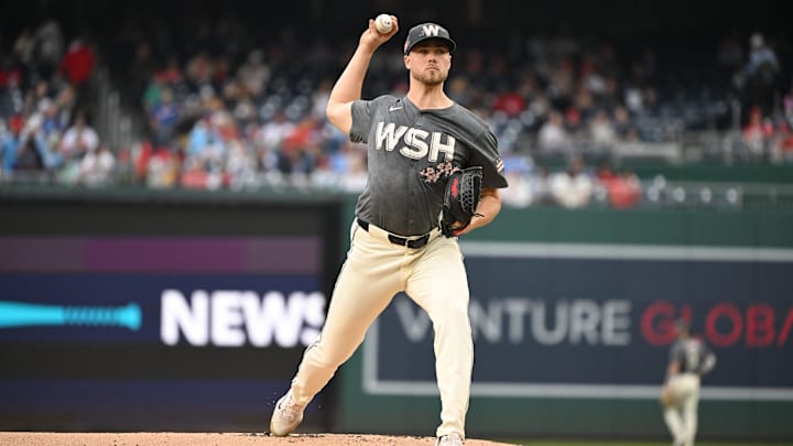 Sep 29, 2024; Washington, District of Columbia, USA; Washington Nationals starting pitcher Jake Irvin (27) throws a pitch against the Philadelphia Phillies during the first inning at Nationals Park. 