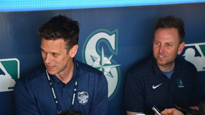 Aug 1, 2023; Seattle, Washington, USA; Seattle Mariners president of baseball operations Jerry Dipoto and general manager Justin Hollander talk to the media prior to the game against the Boston Red Sox at T-Mobile Park. Mandatory Credit: Steven Bisig-USA TODAY Sports Aug 1, 2023; Seattle, Washington, USA; Seattle Mariners president of baseball operations Jerry Dipoto and general manager Justin Hollander talk to the media prior to the game against the Boston Red Sox at T-Mobile Park. Mandatory Credit: Steven Bisig-USA TODAY Sports
