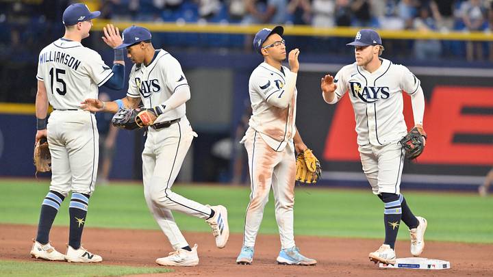 Oct 3, 2026; St. Petersburg, Florida, USA; Tampa Bay Rays celebrate after defeating the New York Yankees in game one of the ALDS for the 2026 MLB Playoffs at Tropicana Field. Mandatory Credit: Pablo Robles-Imagn Images Oct 3, 2026; St. Petersburg, Florida, USA; Tampa Bay Rays celebrate after defeating the New York Yankees in game one of the ALDS for the 2026 MLB Playoffs at Tropicana Field. Mandatory Credit: Pablo Robles-Imagn Images