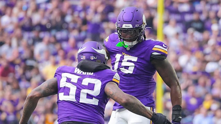 Aug 10, 2024; Minneapolis, Minnesota, USA; Minnesota Vikings linebacker Dallas Turner (15) celebrates his sack with linebacker Jihad Ward (52) against the Las Vegas Raiders in the first quarter at U.S. Bank Stadium.