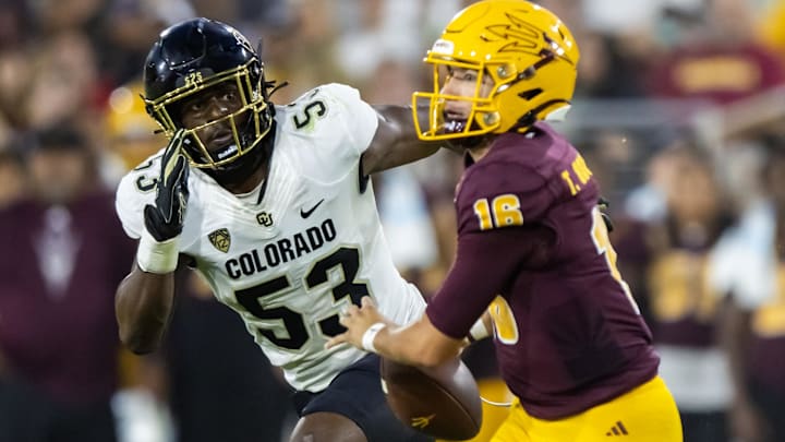 Oct 7, 2023; Tempe, Arizona, USA; Colorado Buffaloes defensive end Arden Walker (53) against the Arizona State Sun Devils at Mountain America Stadium. Mandatory Credit: Mark J. Rebilas-Imagn Images
