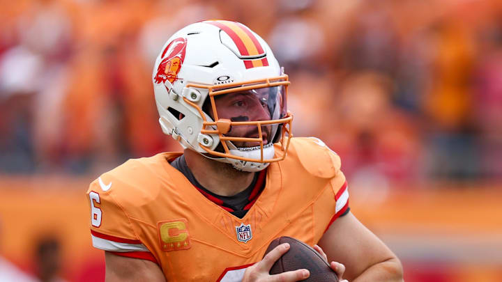 Tampa Bay Buccaneers quarterback Baker Mayfield drops back to pass against the Atlanta Falcons. Tampa Bay Buccaneers quarterback Baker Mayfield drops back to pass against the Atlanta Falcons.