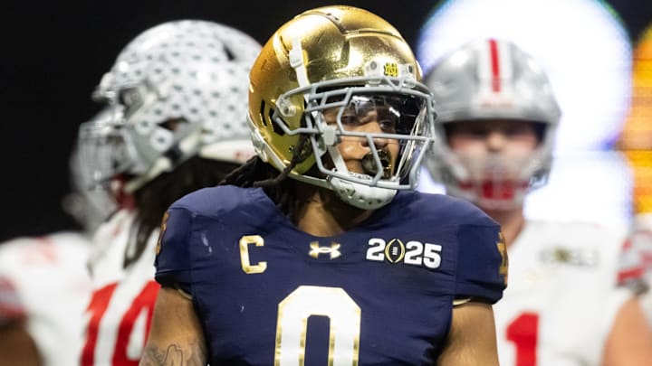 Jan 20, 2025; Atlanta, GA, USA; Notre Dame Fighting Irish safety Xavier Watts (0) against the Ohio State Buckeyes during the CFP National Championship college football game at Mercedes-Benz Stadium. Mandatory Credit: Mark J. Rebilas-Imagn Images Jan 20, 2025; Atlanta, GA, USA; Notre Dame Fighting Irish safety Xavier Watts (0) against the Ohio State Buckeyes during the CFP National Championship college football game at Mercedes-Benz Stadium. Mandatory Credit: Mark J. Rebilas-Imagn Images
