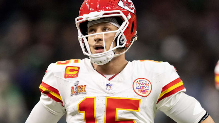 Feb 9, 2025; New Orleans, LA, USA;  Kansas City Chiefs quarterback Patrick Mahomes (15) reacts against the Philadelphia Eagles in Super Bowl LIX at Ceasars Superdome. Mandatory Credit: Mark J. Rebilas-Imagn Images