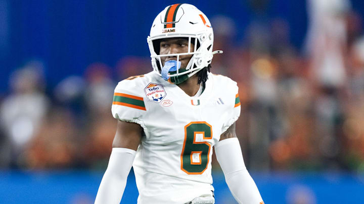 Jan 8, 2026; Glendale, AZ, USA; Miami Hurricanes defensive back Xavier Lucas (6) against the Mississippi Rebels during the 2026 Fiesta Bowl and semifinal game of the College Football Playoff at State Farm Stadium. Mandatory Credit: Mark J. Rebilas-Imagn Images