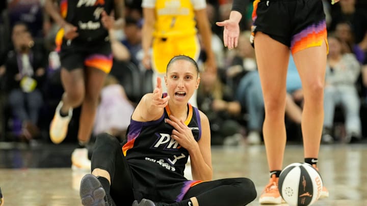 Phoenix Mercury guard Diana Taurasi (3) points after being fouled against the Los Angeles Sparks during the fourth quarter on Sunday, June 2, 2024, at Footprint Center in Phoenix.