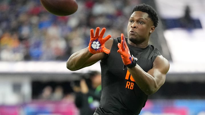 Feb 28, 2026; Indianapolis, IN, USA; Clemson running back Adam Randall (RB16) during the NFL Scouting Combine at Lucas Oil Stadium. Mandatory Credit: Kirby Lee-Imagn Images