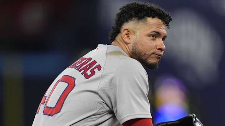 Apr 29, 2026; Toronto, Ontario, CAN; Boston Red Sox first baseman Willson Contreras (40) squats on third base during a Toronto Blue Jays pitching change in the eighth inning at Rogers Centre. Mandatory Credit: John E. Sokolowski-Imagn Images