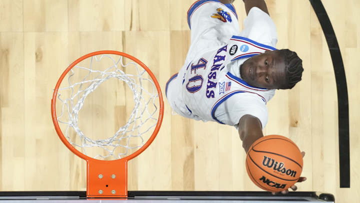 Mar 20, 2026; San Diego, CA, USA; Kansas Jayhawks forward Flory Bidunga (40) shoots the ball against the California Baptist Lancers during a first round game of the men's 2026 NCAA Tournament at Viejas Arena. Mandatory Credit: Kirby Lee-Imagn Images