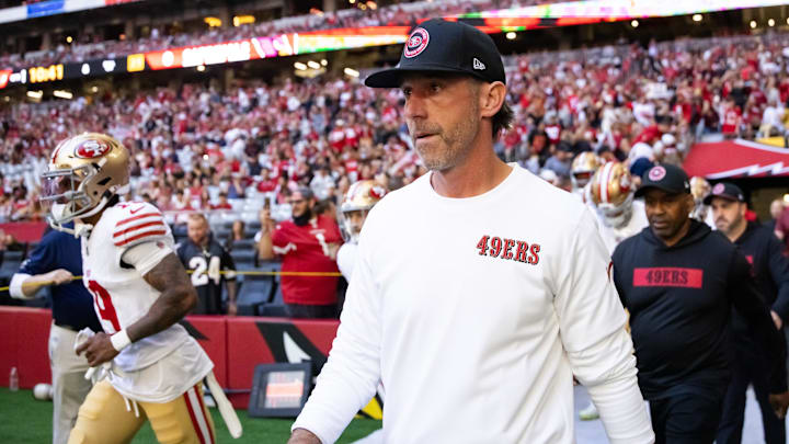 Jan 5, 2025; Glendale, Arizona, USA; San Francisco 49ers head coach Kyle Shanahan against the Arizona Cardinals at State Farm Stadium. Mandatory Credit: Mark J. Rebilas-Imagn Images