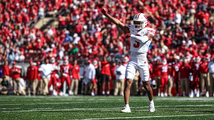 Oct 12, 2024; Piscataway, New Jersey, USA; Wisconsin Badgers cornerback Nyzier Fourqurean (3) celebrates after a defense stop during the first half against the Rutgers Scarlet Knights at SHI Stadium. Mandatory Credit: Vincent Carchietta-Imagn Images